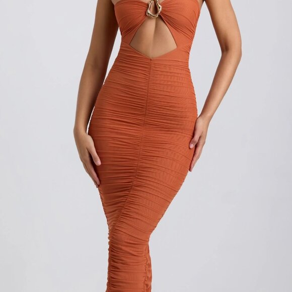 NWT! Oh Polly BRYANNA Ruched Hardware Detail Strapless Midaxi Dress Burnt Orange - Picture 3 of 7
